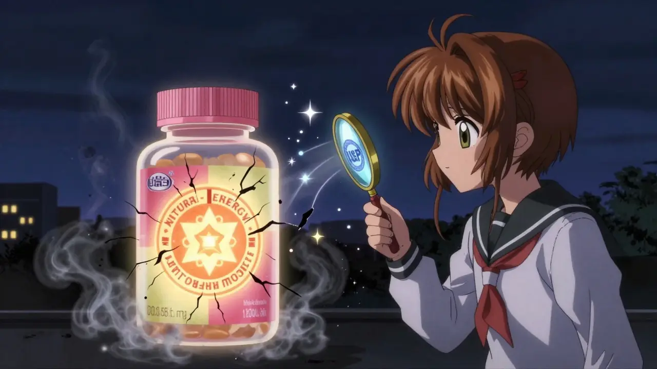 A supplement bottle cracking with dark smoke as a girl uses a magnifying glass to reveal a safety certification seal.