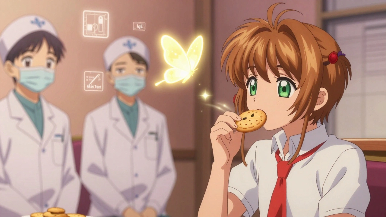 A teenager eats a disguised cookie as medical staff watch, with a glowing butterfly symbolizing the revelation of food truth.