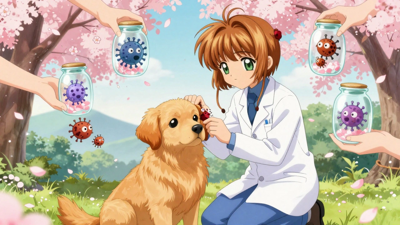 A veterinarian removing a tick from a dog, surrounded by sealed viruses in glowing jars.