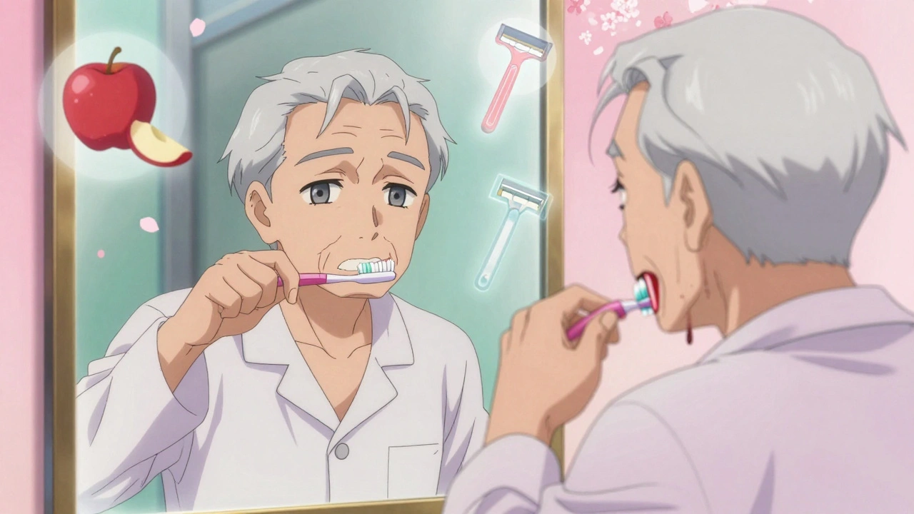 An elderly man brushing his teeth, his reflection showing blood dripping as warning icons float around him.