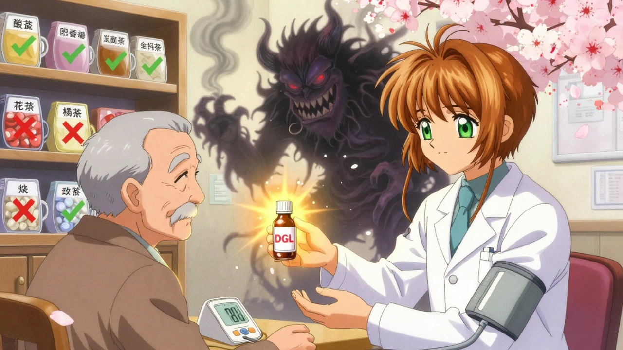 An elderly man receiving a safe DGL supplement from a pharmacist, while a dark licorice monster fades into smoke.
