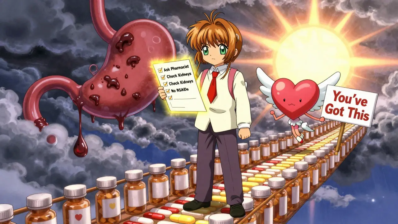 An elderly person walks a glowing pill bridge as storm clouds part to reveal sunrise, guarded by a heart-shaped spirit.