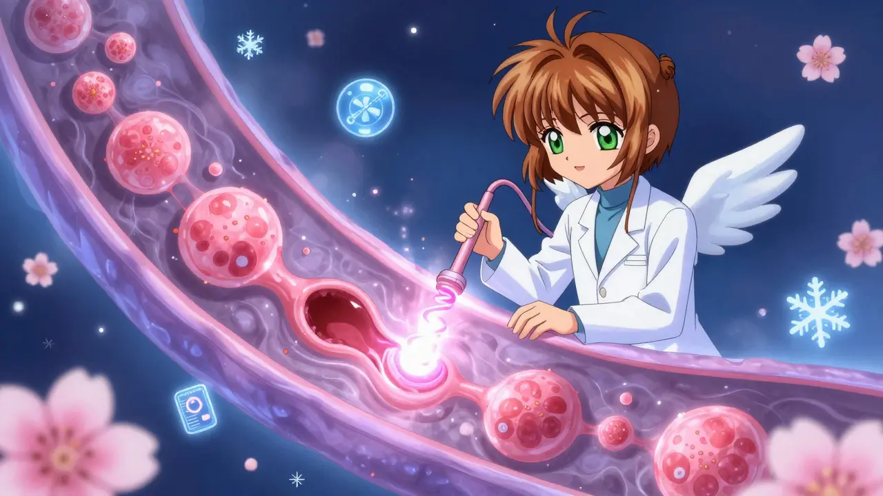 An ethereal endoscopic procedure where a healer uses a radiant wand to remove abnormal tissue as healthy cells bloom like flowers.