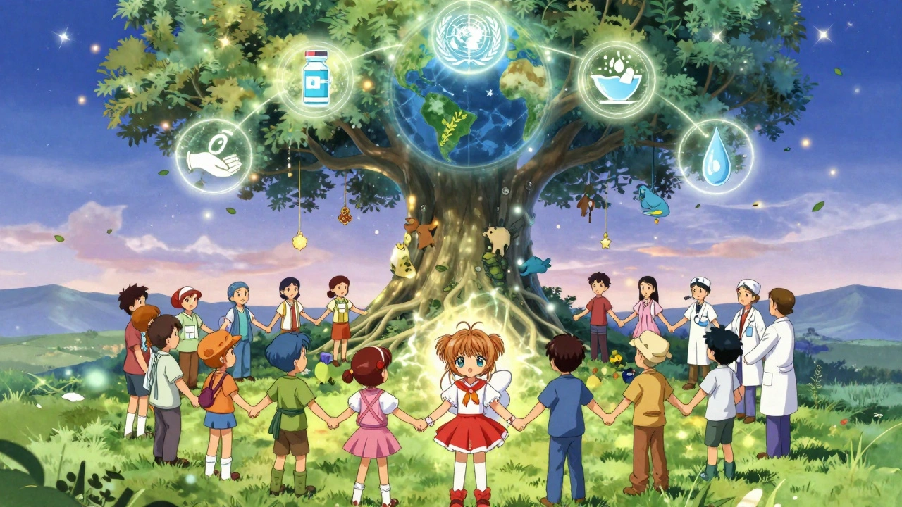 Children, farmers, and vets holding hands under a tree connecting humans, animals, and Earth.