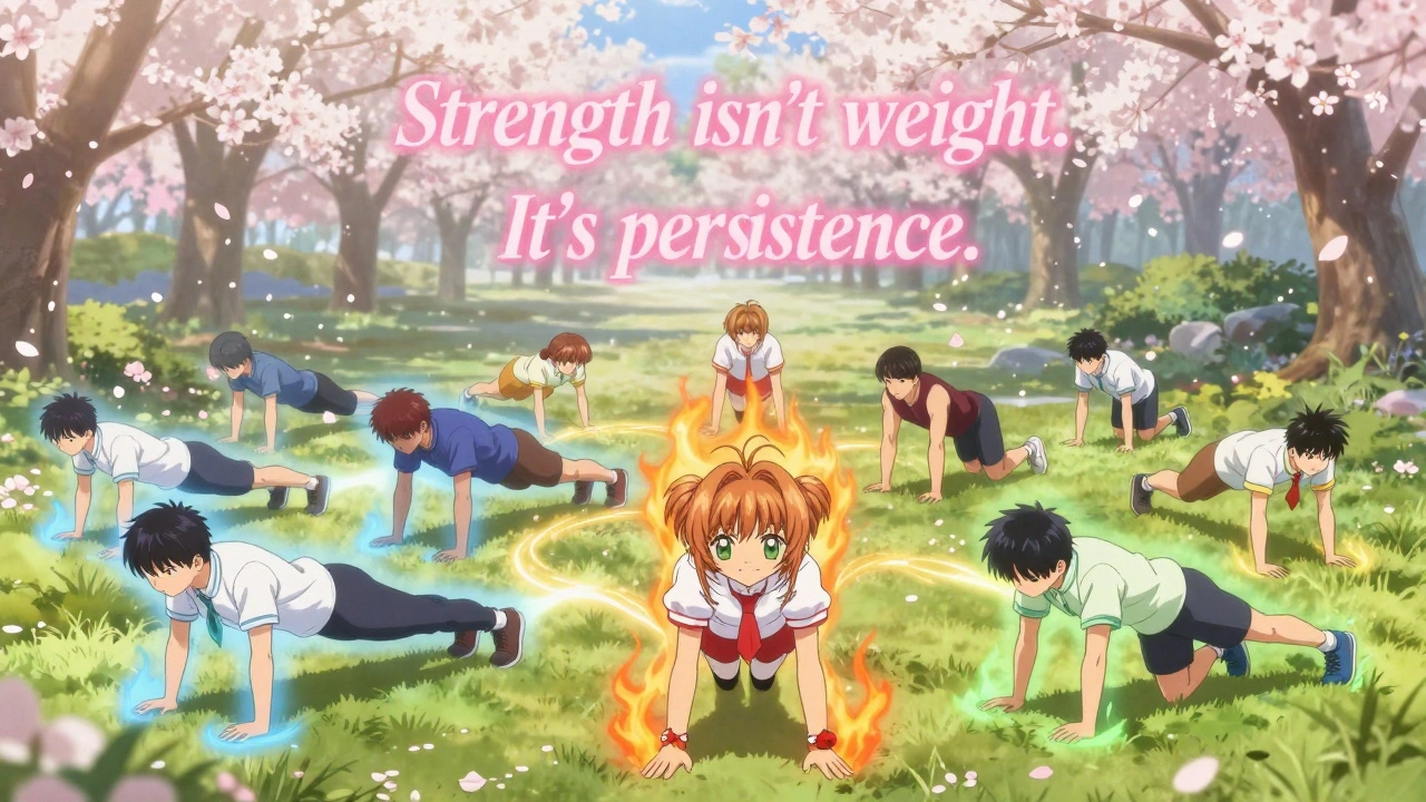 Diverse group exercising at sunrise with colored auras and floating quote about persistence, cherry blossoms in background.