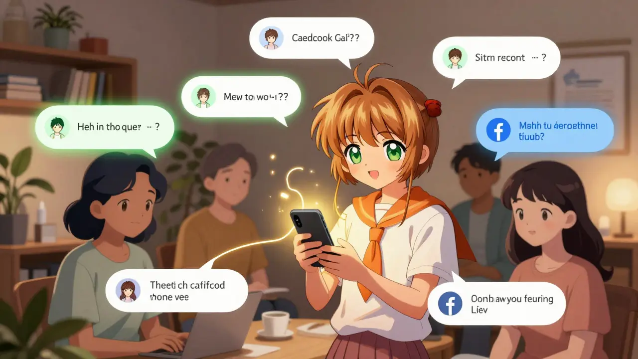 Diverse patients connected by glowing chat bubbles in a warm, supportive online community.