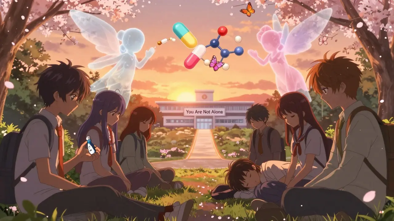 Friends helping an overdose survivor in a park as drug molecules turn into butterflies under sunset light.