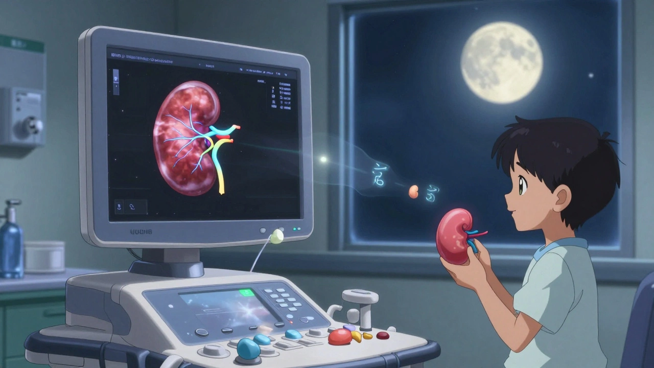 Futuristic ultrasound screen with AI grading and glowing blood vessels in a hospital room.