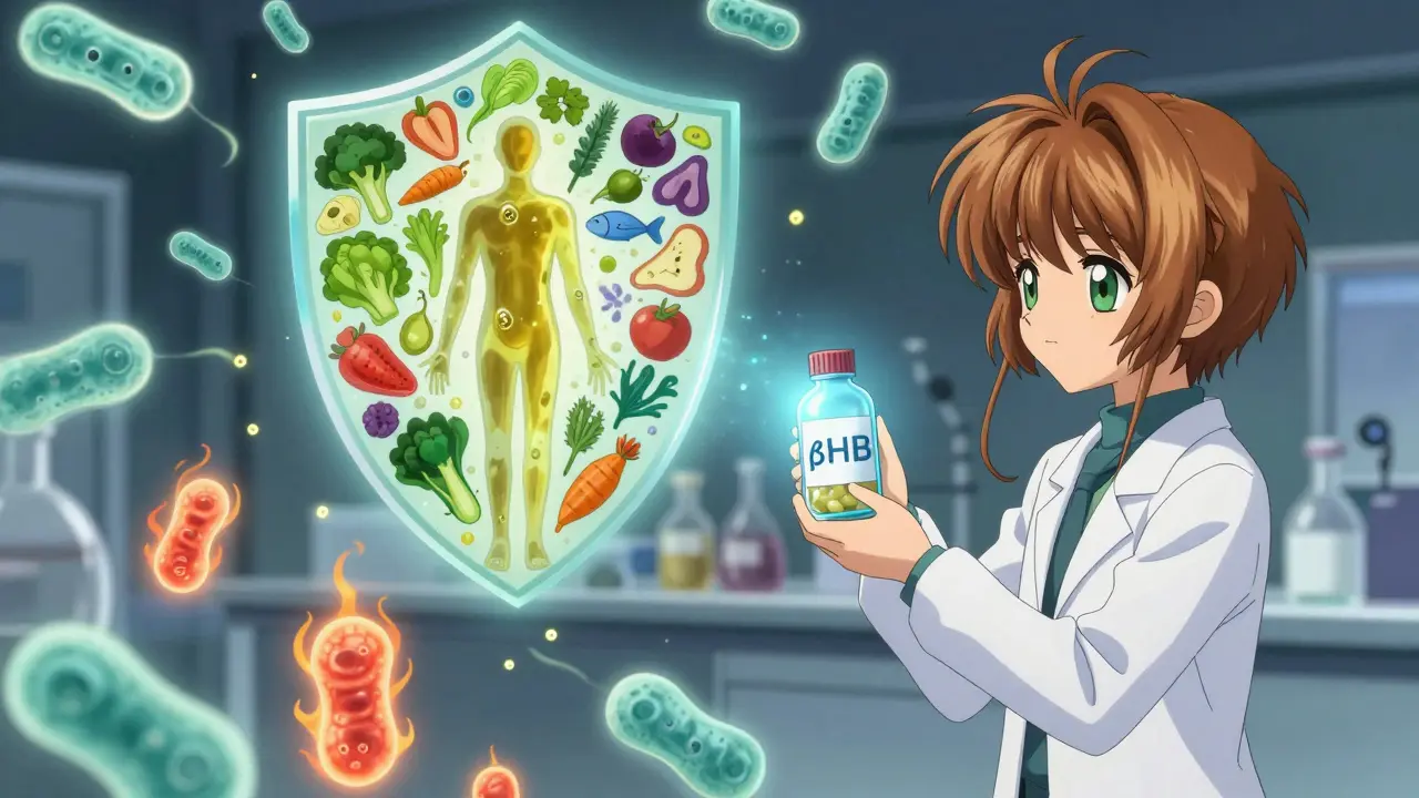 Glowing gut bacteria releasing healing particles that calm immune cells, with food symbols forming a protective shield.