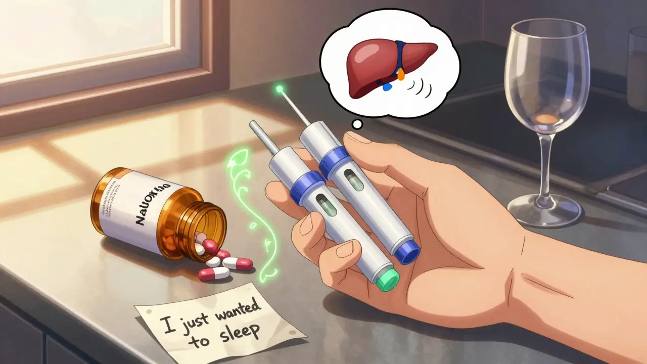 Hand holding naloxone injectors beside spilled pills and wine glass at dusk, with healing symbols forming.