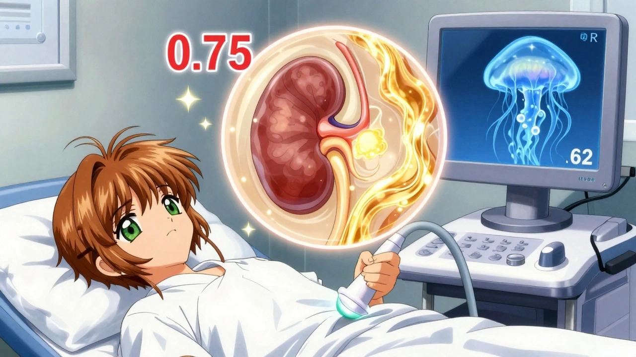 Kidney with dilated pelvis and floating resistive index number, showing obstruction signs.