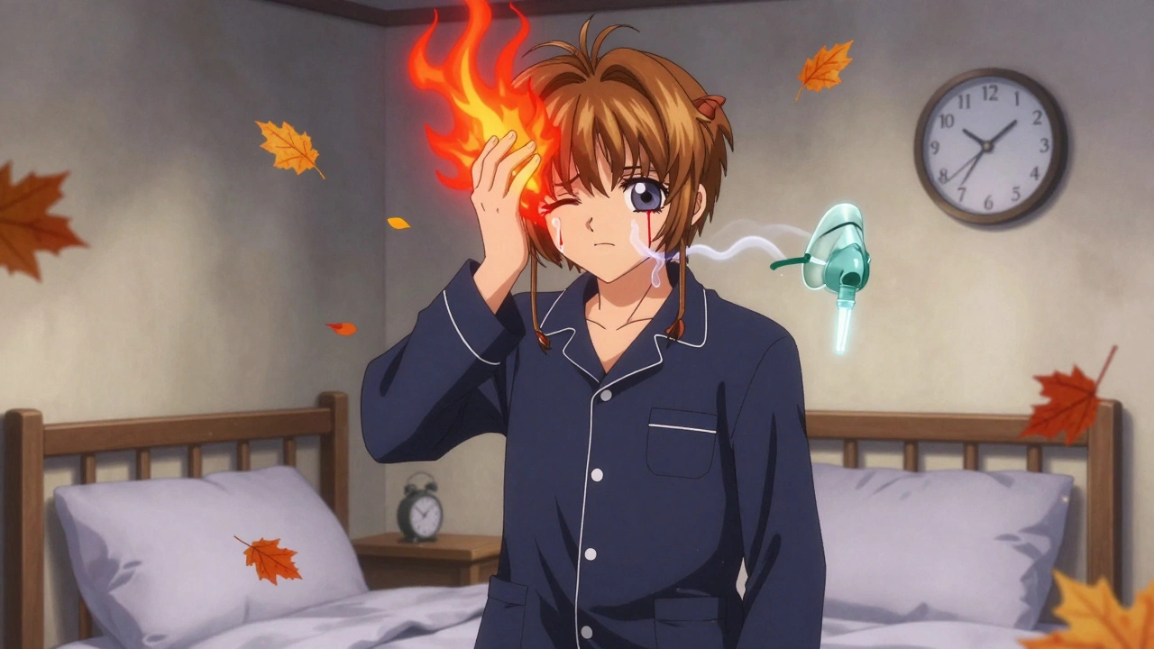 Man in pajamas with fiery cluster headache and oxygen mask at 3:17 a.m.