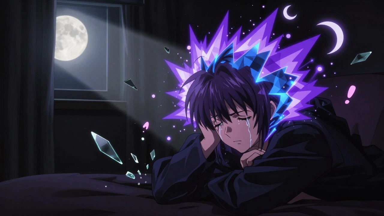 Person in dark room with radiant migraine waves and sensory distortions.