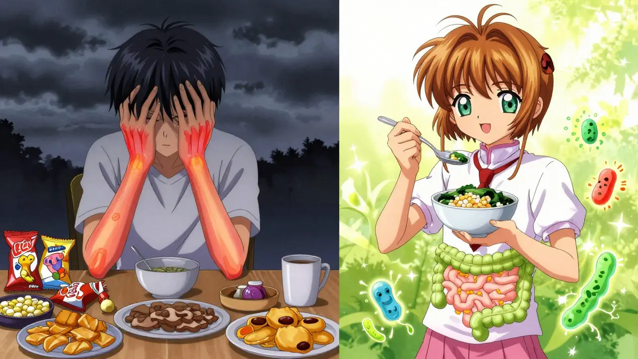 Split scene: person surrounded by unhealthy foods on one side, healthy plant-based meal with glowing gut bacteria on the other.