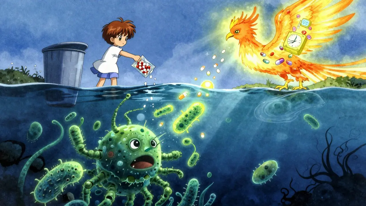 Superbugs emerging from polluted water as a protective phoenix rises from a safe disposal bin.
