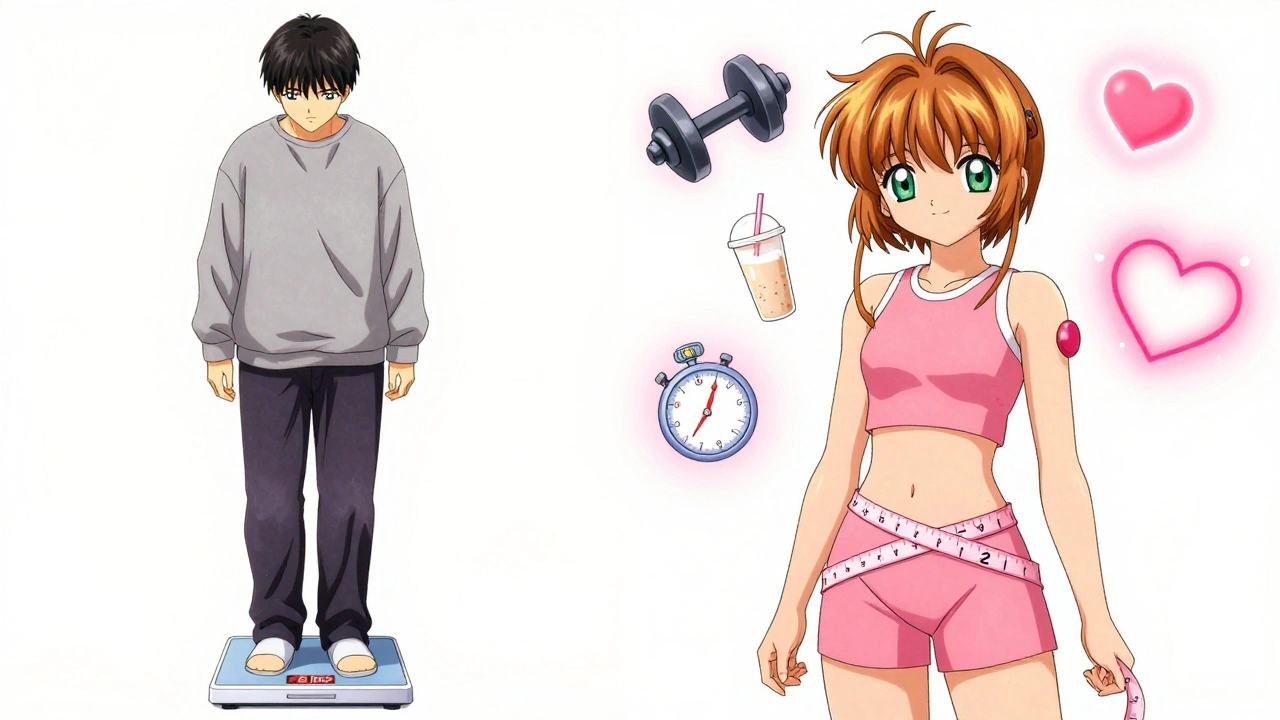 Transformation side-by-side: person on scale vs. toned figure with waist tape and fitness symbols in soft anime style.
