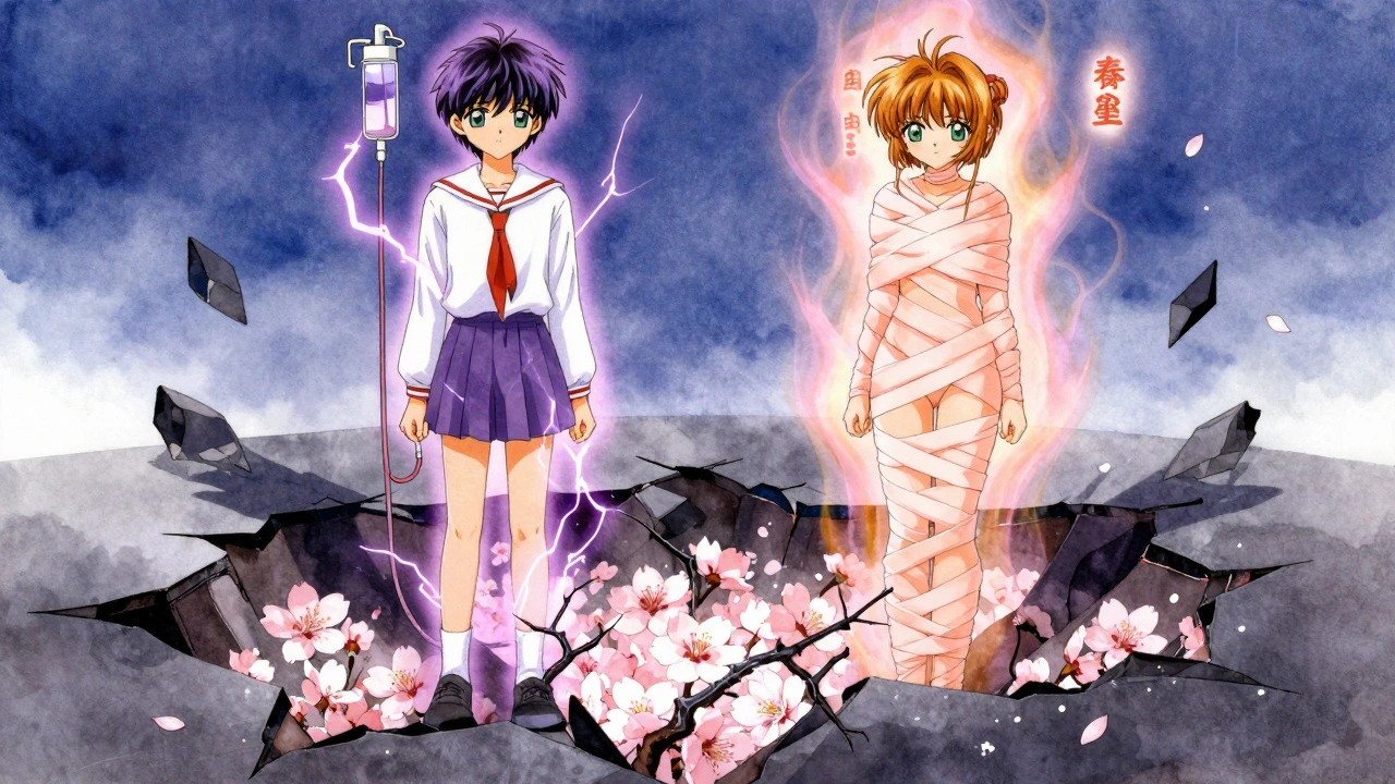 Two figures representing ketamine and esketamine, breaking a dark shadow with blooming cherry blossoms beneath them.