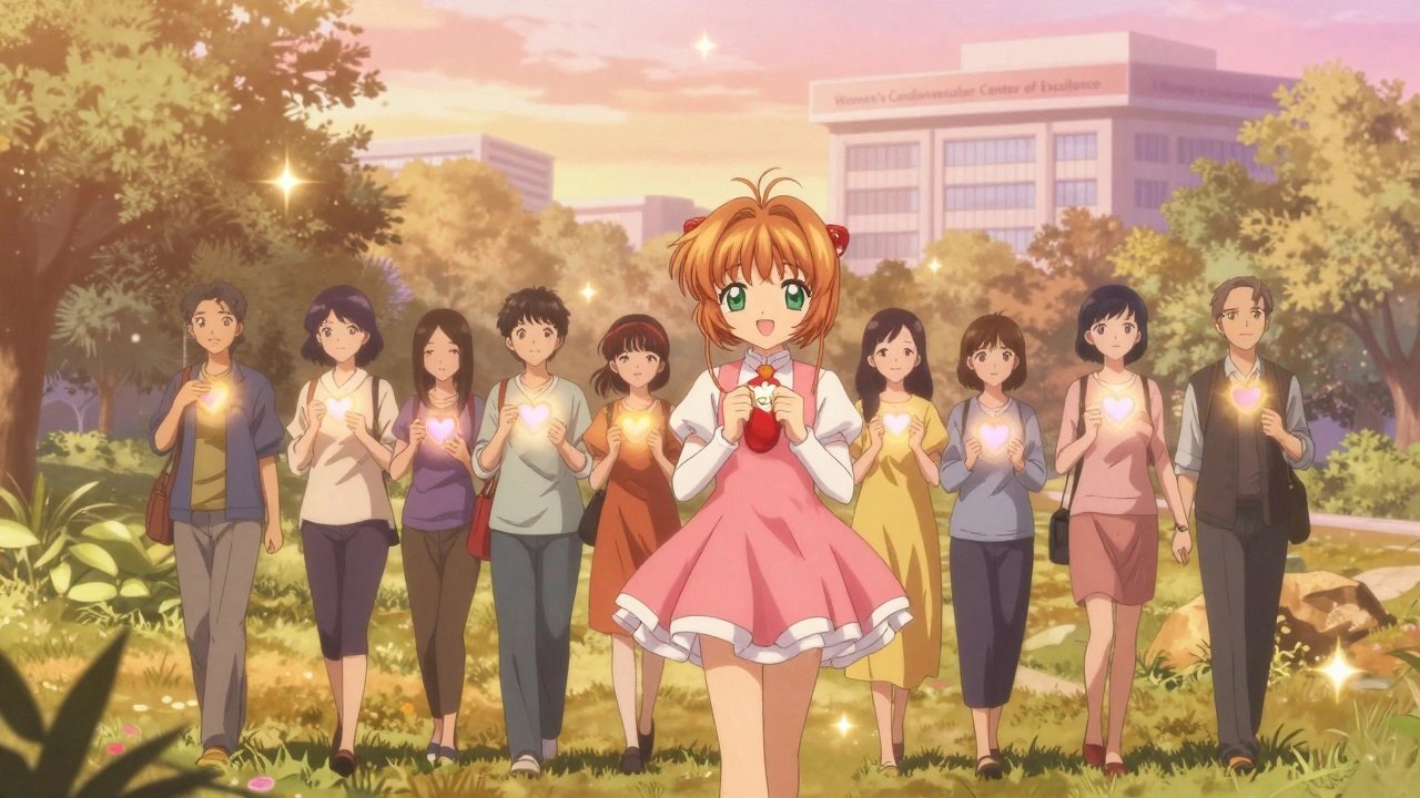 Women walking at sunrise, each holding a heart charm representing health risks, heading toward a medical center.