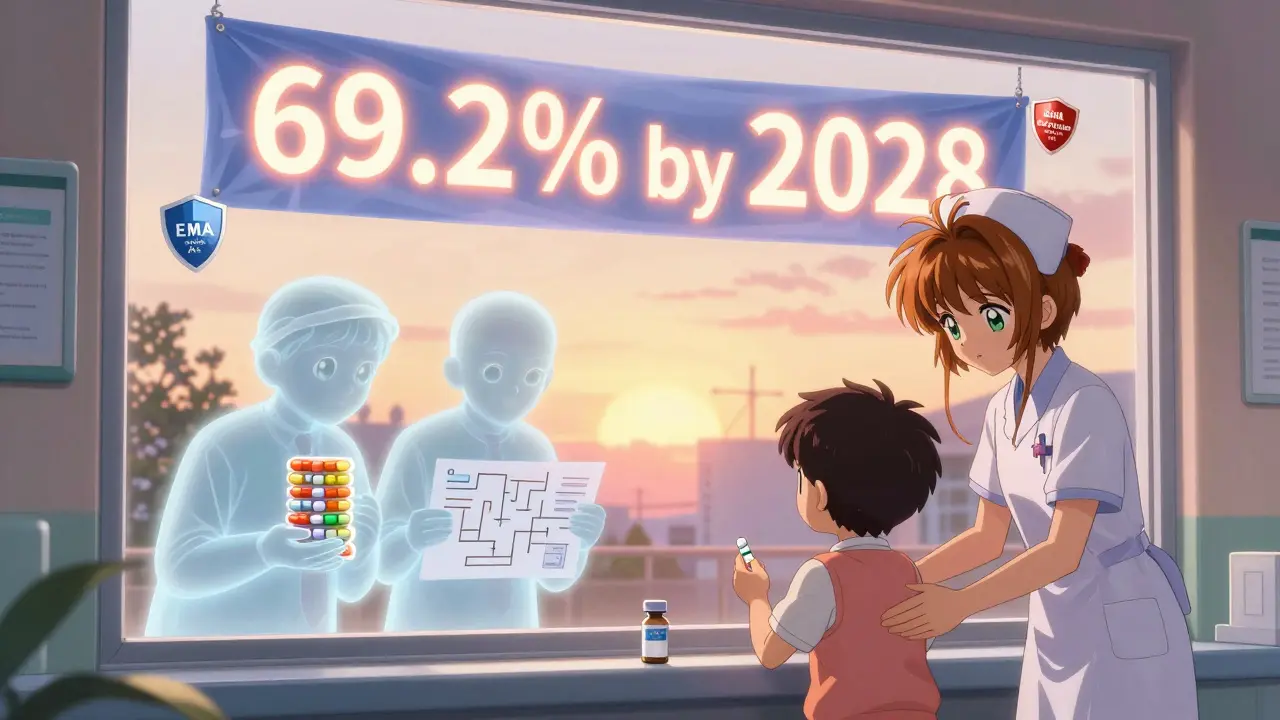 A child receives medicine as pharmaceutical spirits bow under a banner showing rising generic use.