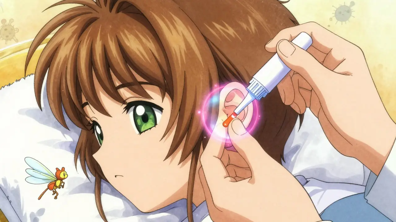 A child receiving ear drops with a magical glowing aura around the ear canal.