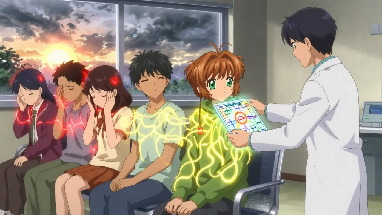 A diverse group in a clinic with aura colors representing migraines, being calmed by a neurologist's glowing protocol map as sunrise shines outside.