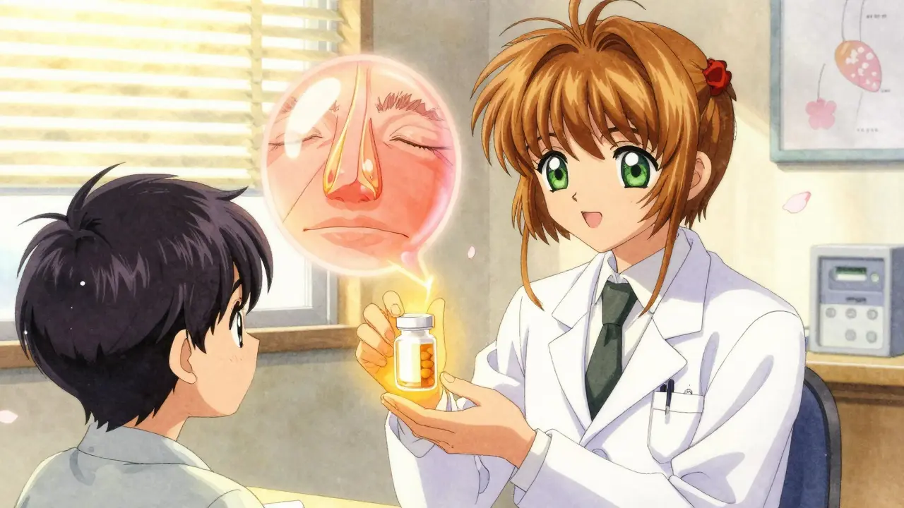 A doctor gives a patient a pill bottle, glowing with warm energy as a swollen nerve shrinks in a translucent overlay.