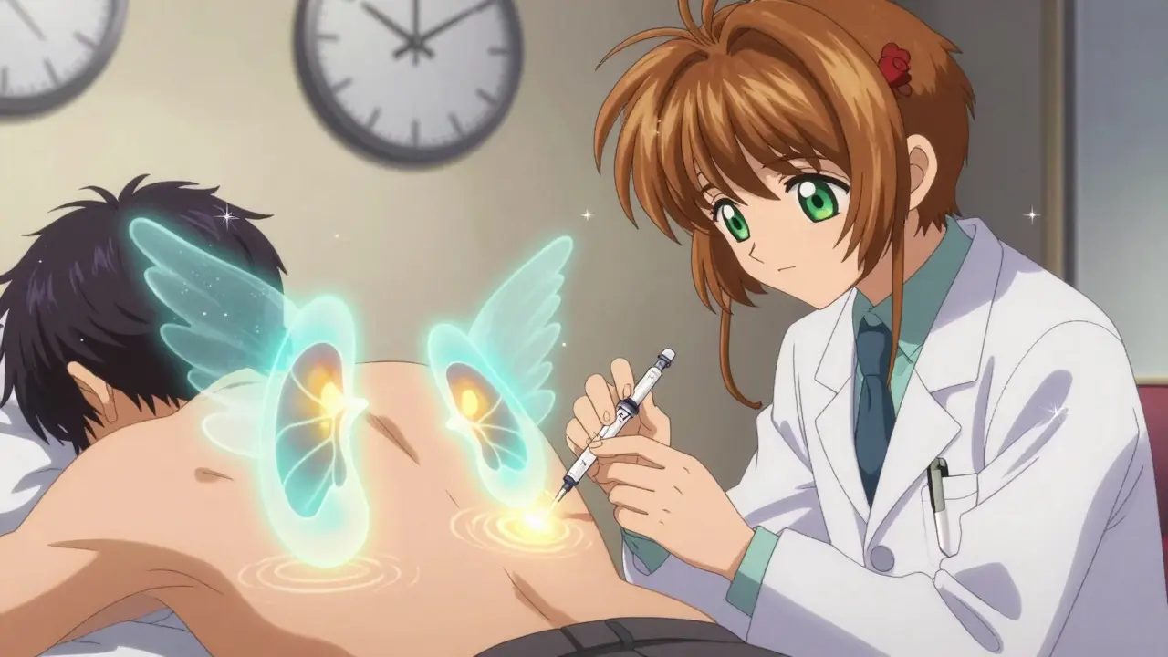 A doctor giving an ACTH injection as translucent adrenal glands glow with light, symbolizing recovery.