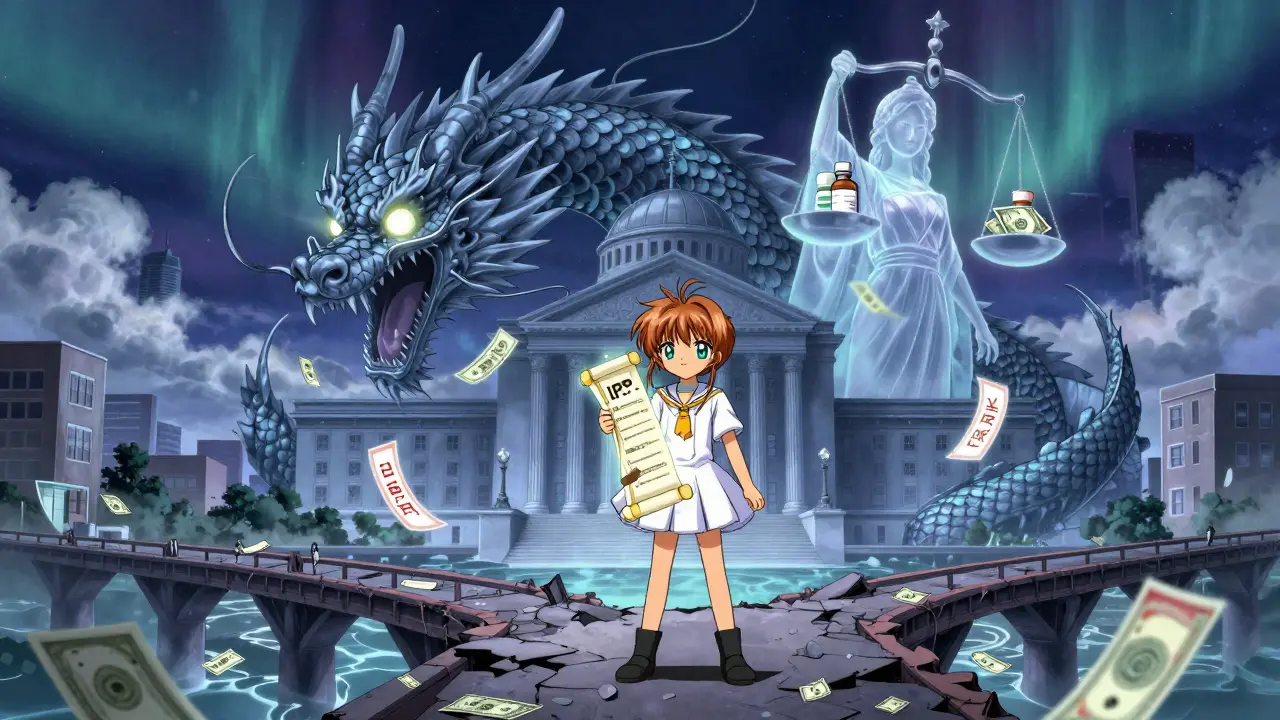 A generic manufacturer stands on a bridge against a dragon of patents, with Justice holding insulin vials under a moonlit sky.