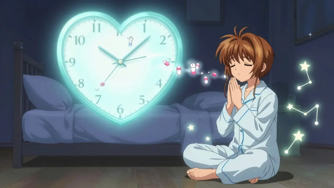 A glowing clock above a bed dissolving sleep pills into mist as a person breathes calmly under starlight.
