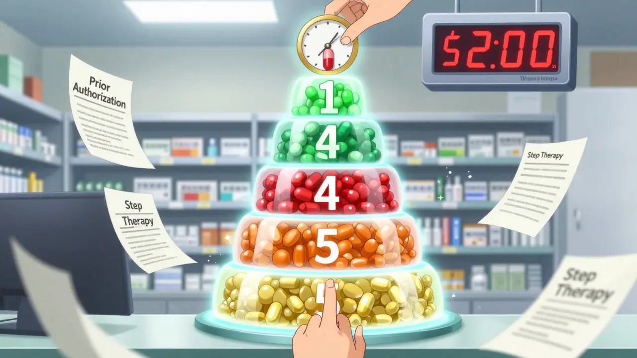 A glowing five-tier drug pyramid with a hand reaching for a pill, beside a ,000 counter in anime style.
