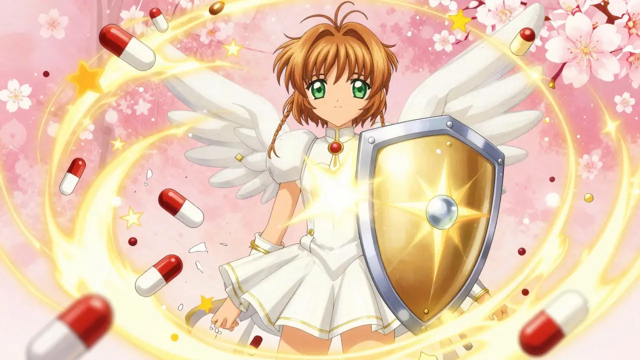 A glowing new anticoagulant hero standing strong against rifampin's chaotic energy, surrounded by floating cherry blossoms.