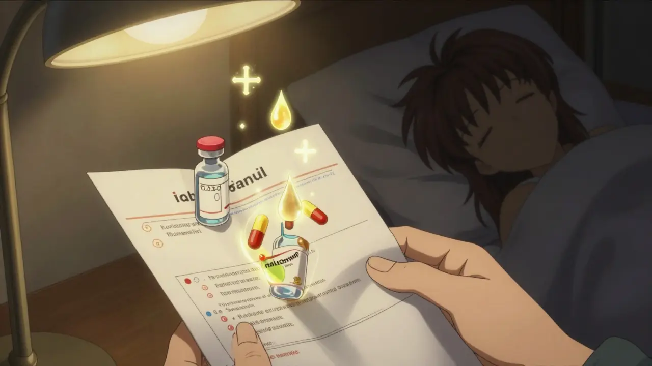 A hand reading a medication booklet with glowing antidote symbols rising from the pages.