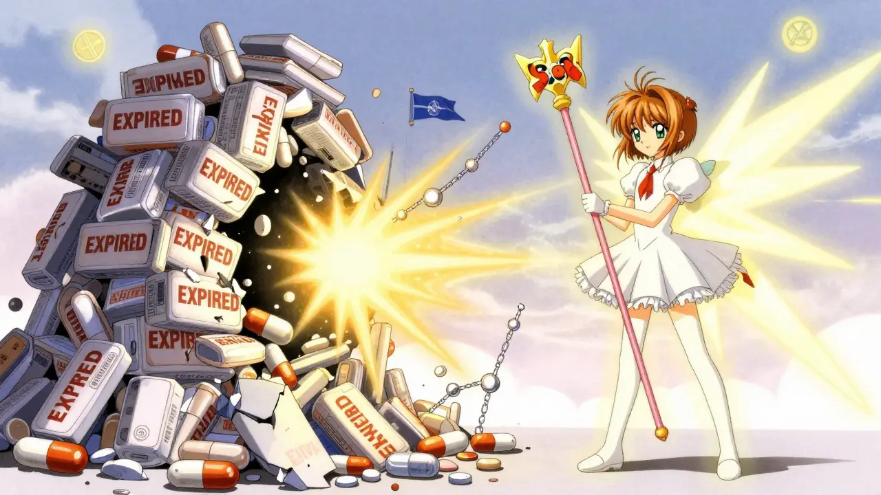 A heroic figure defeats expired pills with molecular energy, transforming waste into medicine.