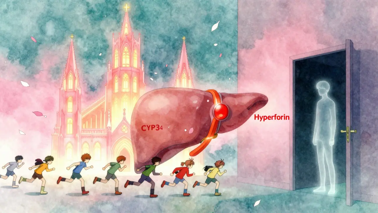 A liver cathedral with activated enzymes causing pills to flee in anime style.