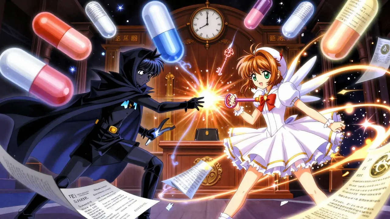 A magical duel between patent guardians and an ANDA hero, with floating pills and shimmering therapeutic codes.