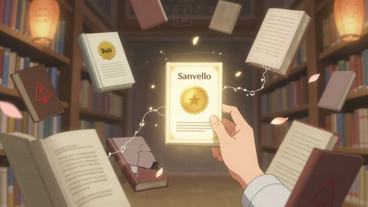 A magical library of apps, some glowing with certifications, others crumbling, as light dissolves privacy threats.