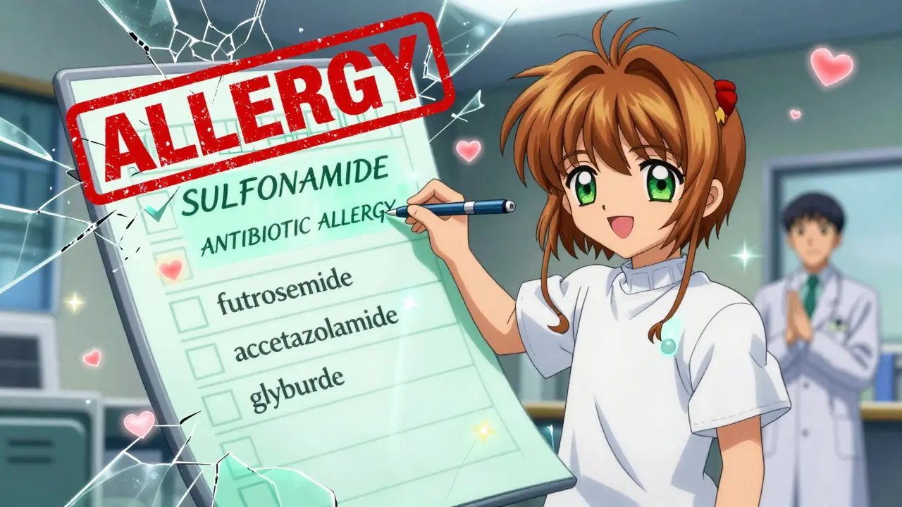 A medical chart cracking open to reveal safe drugs, with magical text correcting an allergy label in soft pastel tones.