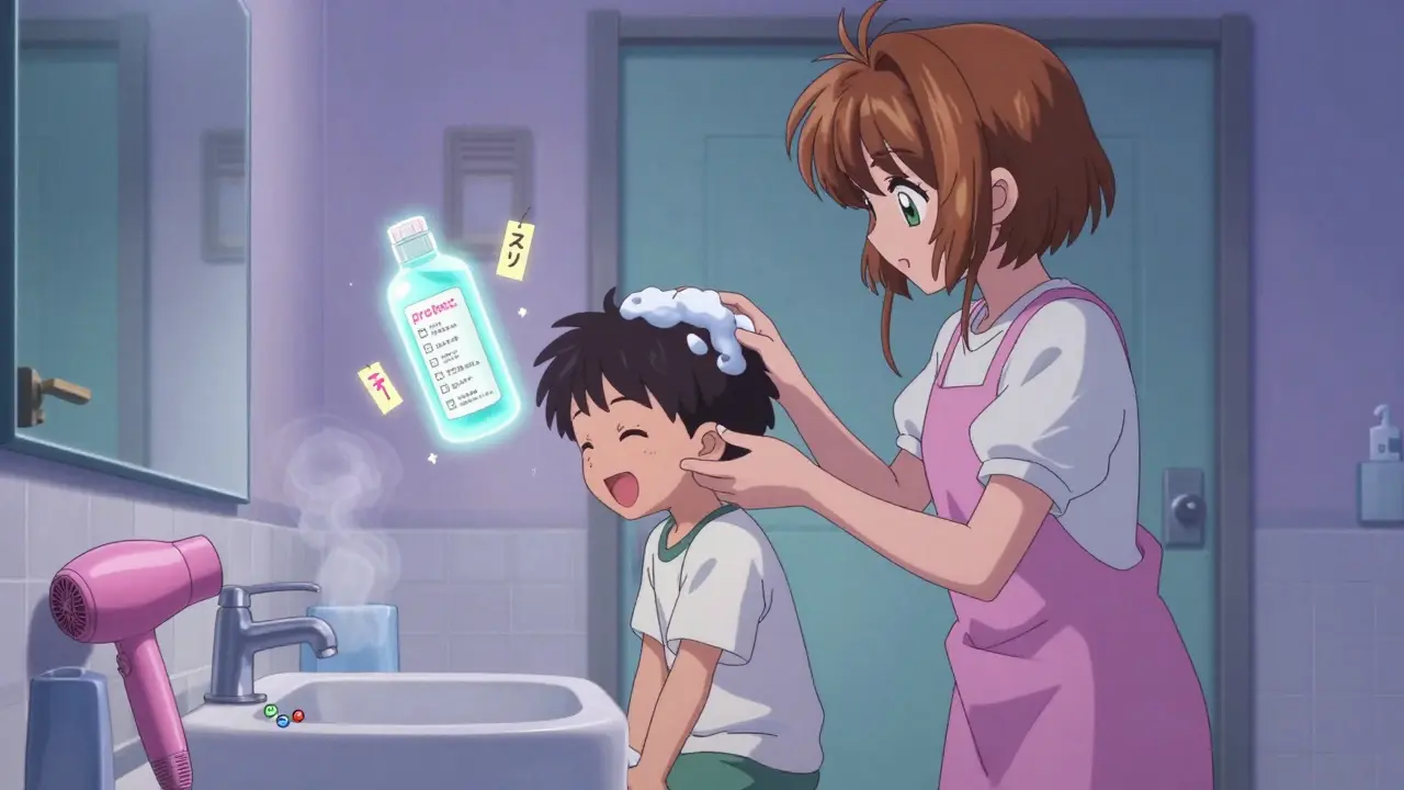 A mother applying ear rinse to her son, glowing bottle and prevention charms floating nearby.