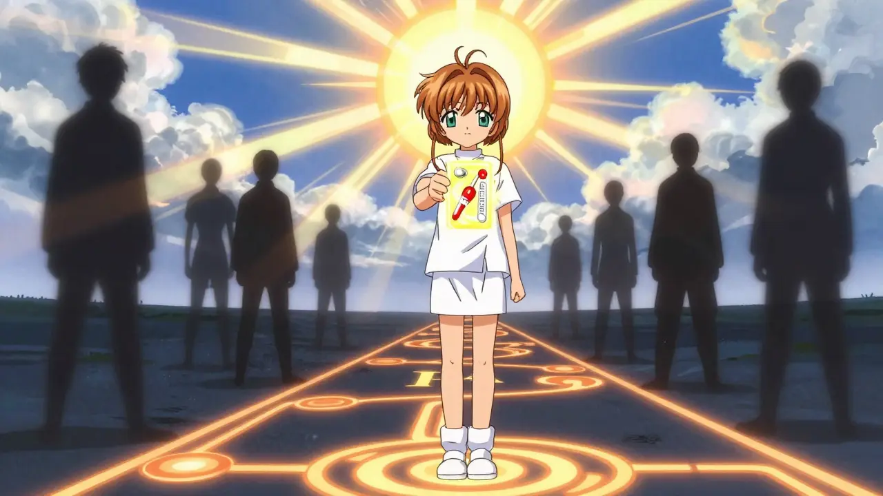 A patient holding a glowing steroid alert card as shadowy crisis figures fade in sunlight.