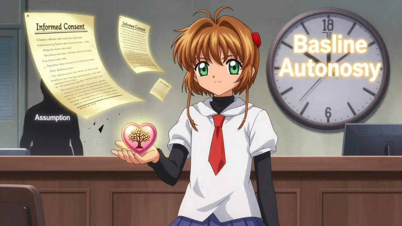 A patient stands confidently as legal principles of autonomy glow above them, defeating assumptions.