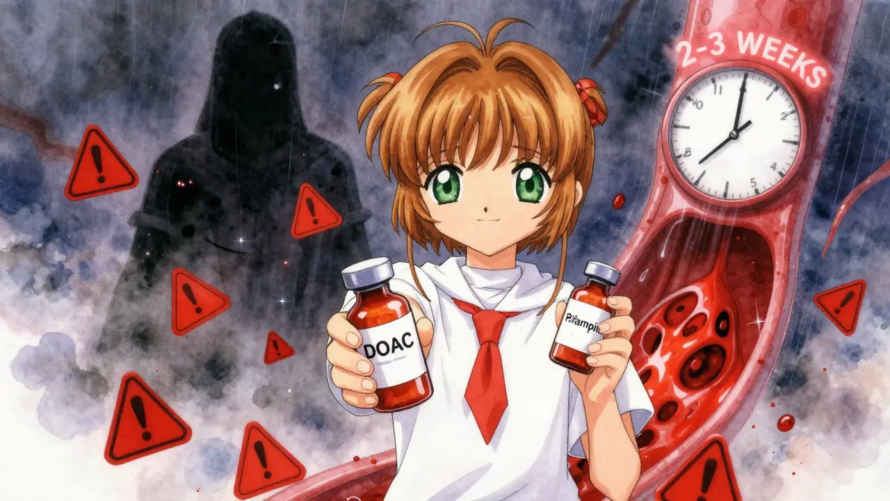 A patient surrounded by warning symbols and a forming blood clot, with a clock marking weeks after rifampin use.