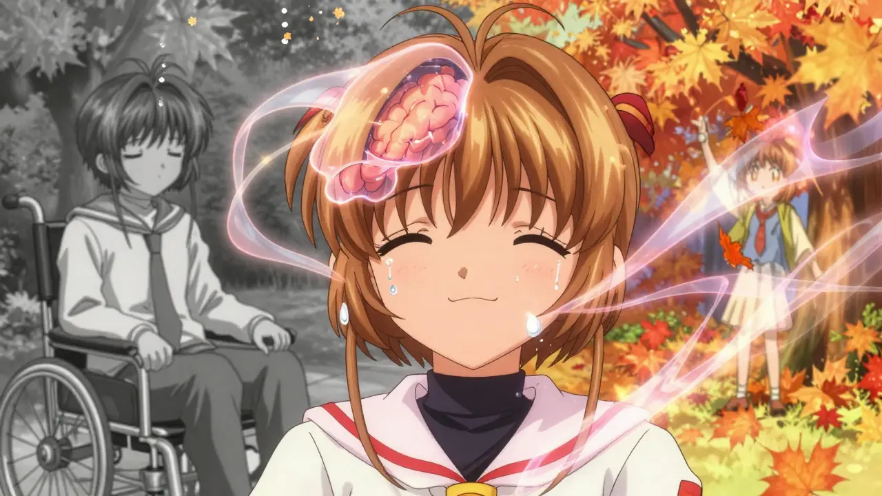 A person smiles fully again, radiant with healing light, as past and present facial states fade in the background.