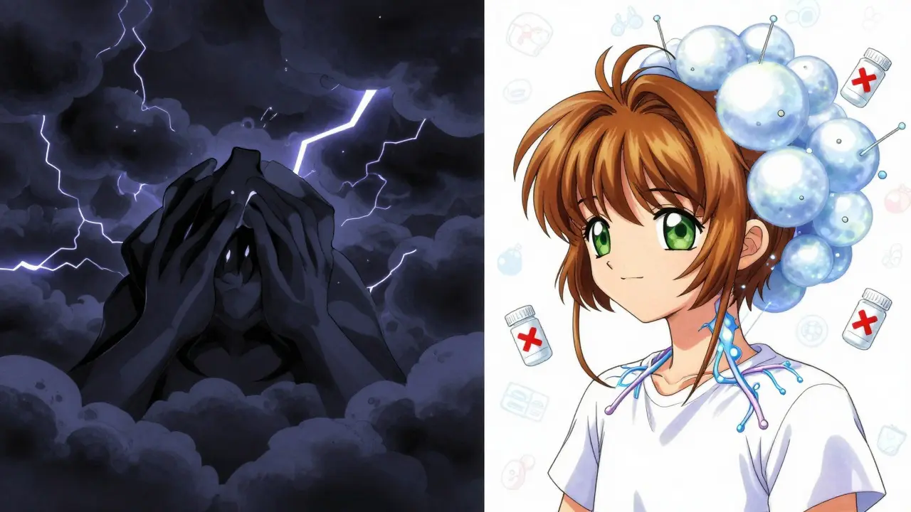 A person transformed from overwhelmed by dark clouds to calm, with Botox needles dimming migraine symbols and pills marked with X's.