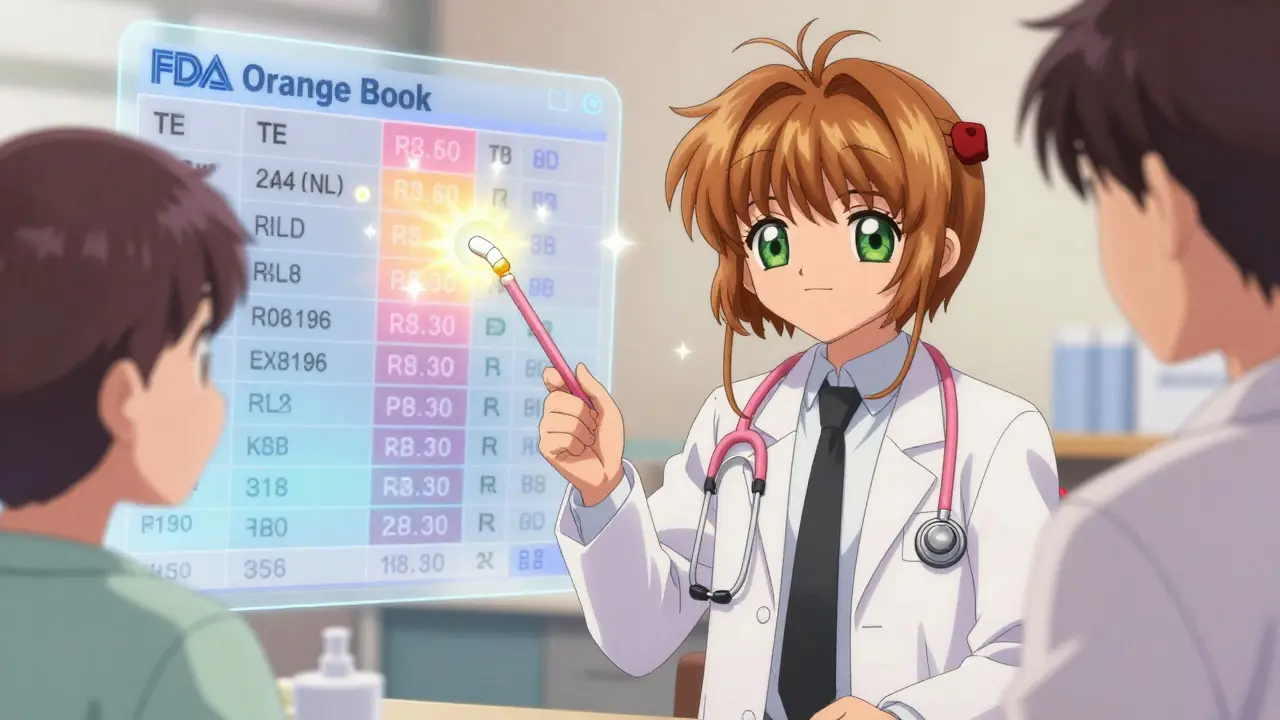 A pharmacist giving a generic pill to a patient, with the FDA Orange Book's TE codes glowing softly in the background.