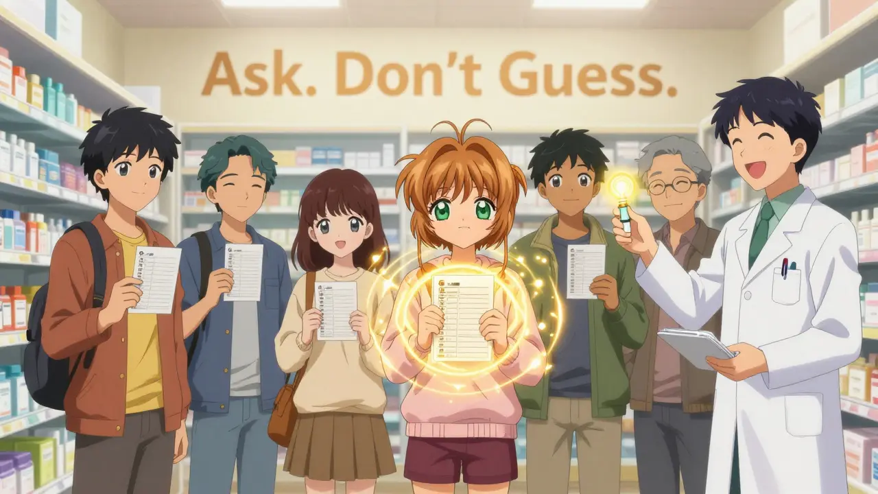 A pharmacist handing a naloxone kit to people holding glowing medication logs in a pharmacy.