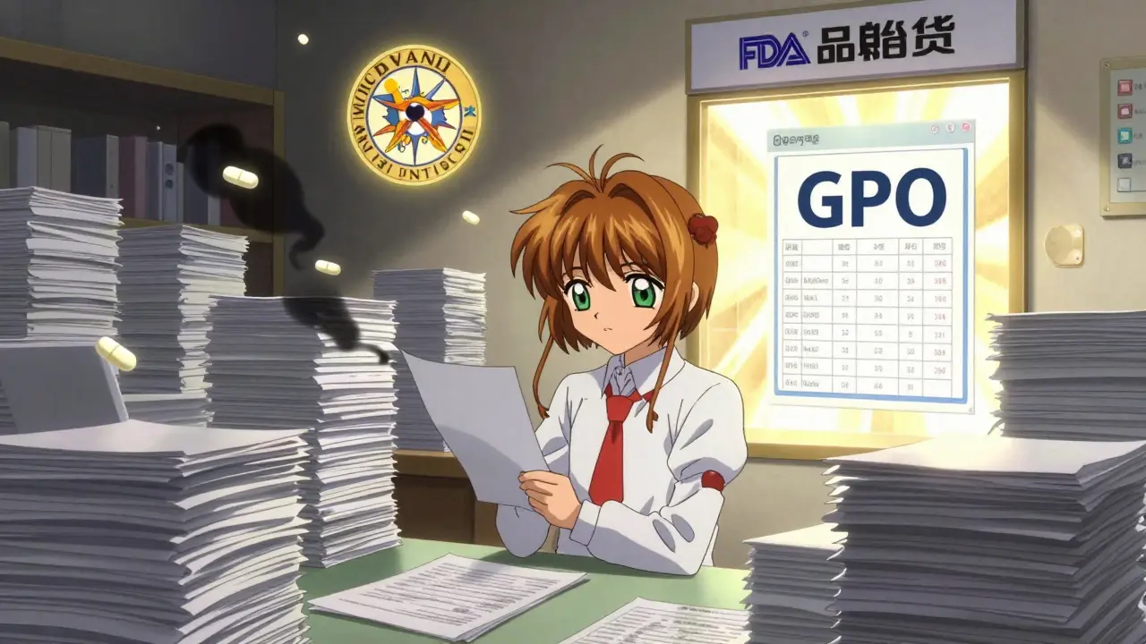 A pharmacist is surrounded by paperwork turning into counterfeit pills, protected by glowing compliance badges.