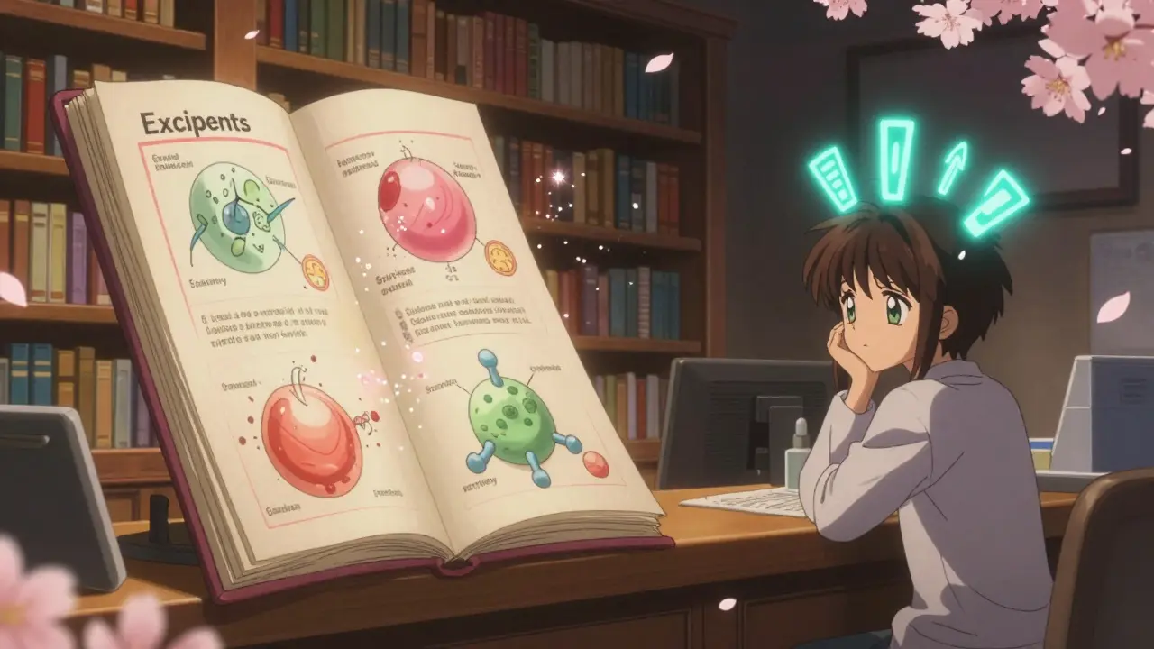 A pharmacist’s counter with floating books showing biological targets blocked by excipients.