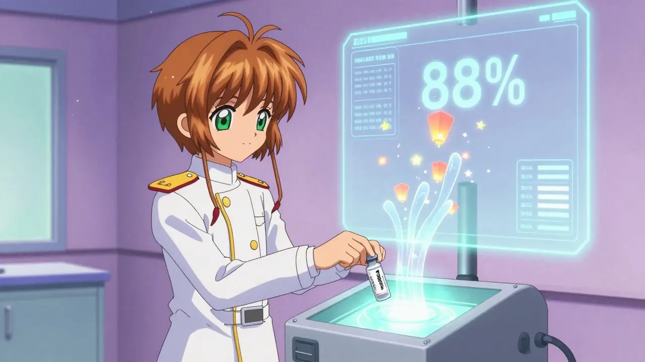 A pharmacist tests Tamiflu as data streams rise like lanterns, showing drug potency success.