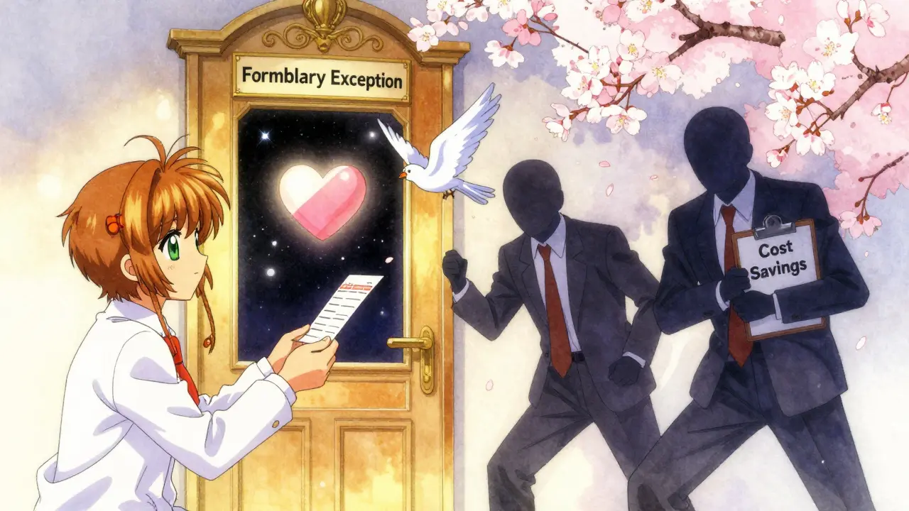 A prescription turning into a bird flying toward a door labeled 'Formulary Exception', in delicate anime style.