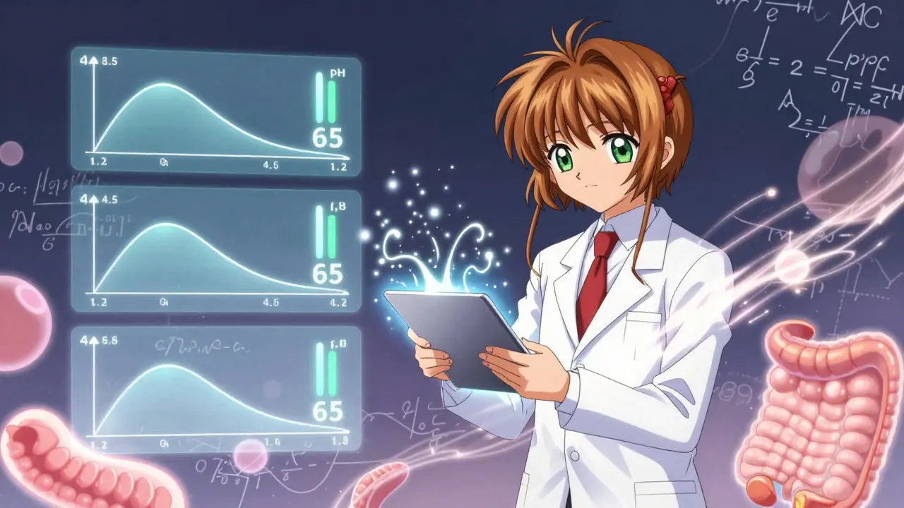 A scientist watches a tablet dissolve into glowing threads with pH timelines and f2 meter glowing in the background.